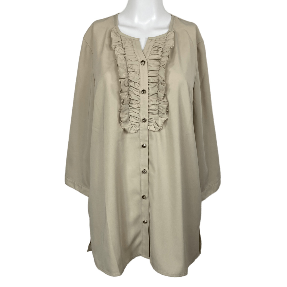 Susan Graver Shirt‎ Womens Sz S Neutral Beige Ruffle Button Up Tunic Blouse